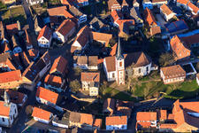 Catholic Church of St. Laurentius and Laurentius Garden in Pfaffengasse in Göcklingen in the state Rhineland-Palatinate, Germany from above