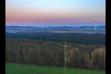 Aerial view of Otterbach lowlands in the morning mist in Kandel in the state Rhineland-Palatinate, Germany