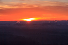Aerial view of Sunrise over the Bienwald in Jockgrim in the state Rhineland-Palatinate, Germany