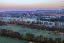 Aerial photograpy of Biotope in the Otterbach lowlands in the morning mist in Minfeld in the state Rhineland-Palatinate, Germany
