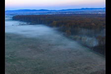 Aerial photograpy of Otterbach lowlands in the morning mist in Freckenfeld in the state Rhineland-Palatinate, Germany