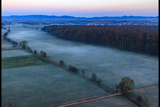 Oblique view of Otterbach lowlands in the morning mist in Freckenfeld in the state Rhineland-Palatinate, Germany