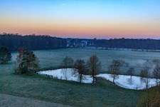 Biotope in the Otterbach lowlands in the morning mist in Minfeld in the state Rhineland-Palatinate, Germany seen from above