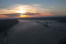 Aerial photograpy of Sunrise haze at structures of a field landscape Otterbachtal in Minfeld in the state Rhineland-Palatinate