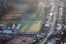 Sports fields in the district Ingenheim in Billigheim-Ingenheim in the state Rhineland-Palatinate, Germany from the drone perspective