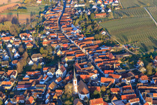 Aerial view of Catholic Church of St. Laurentius and Laurentius Garden in Pfaffengasse in the morning from the east in Göcklingen in the state Rhineland-Palatinate, Germany