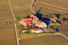 Aerial view of Hotel Leinsweiler courtyard in the morning from the southeast in Leinsweiler in the state Rhineland-Palatinate, Germany