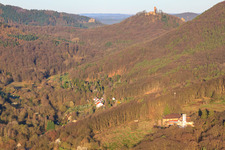 View from Sonnenberg to Trifels in the morning in Leinsweiler in the state Rhineland-Palatinate, Germany
