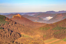 Aerial view of Trifels Castle from the Ranschbach Valley in Ranschbach in the state Rhineland-Palatinate, Germany