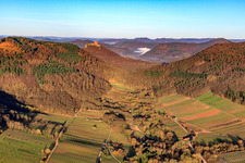 Aerial photograpy of Trifels Castle from the Ranschbach Valley in Ranschbach in the state Rhineland-Palatinate, Germany