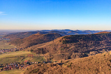 View along the Haardt edge to the south to Madenburg in Leinsweiler in the state Rhineland-Palatinate, Germany