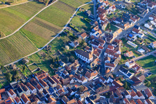 Aerial view of Catholic Parish and Pilgrimage Church of All Saints in Ranschbach in the state Rhineland-Palatinate, Germany