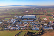 Aerial view of Interpark industrial estate from the north with Progroup Board GmbH and Mercedes-Benz Logistics Center in Offenbach an der Queich in the state Rhineland-Palatinate, Germany