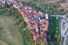Aerial photograpy of Church of St. Dionysius at the city wall Hinterstädtel in Jockgrim in the state Rhineland-Palatinate, Germany