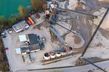 Aerial photograpy of At the gravel works with Holcim Kies und Beton GmbH in Rheinzabern in the state Rhineland-Palatinate, Germany