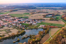 Aerial view of Fish monument on the Rhine dam in Leimersheim in the state Rhineland-Palatinate, Germany
