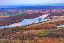 Aerial view of Rohrköpfle quarry lake in Linkenheim-Hochstetten in the state Baden-Wuerttemberg, Germany