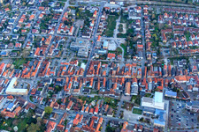 Aerial view of Savings bank and municipal administration in Gartenstr in Kandel in the state Rhineland-Palatinate, Germany