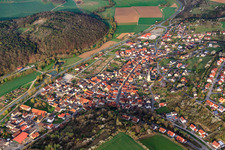 Aerial view of Village view from the east on the Franconian Saale in Hollstadt in the state Bavaria, Germany