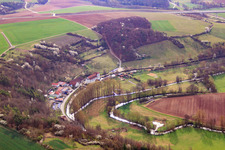 Aerial photograpy of Maria im Stein on the Franconian Saale in Hollstadt in the state Bavaria, Germany