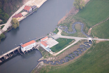 Aerial view of Lock systems on the banks of the Main waterway in the district Schönbrunn in Bad Staffelstein in the state Bavaria, Germany