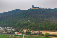 Banz Monastery with the monastery church of St. Dionysius and St. Peter on a mountain above the Main in the district Unnersdorf in Bad Staffelstein in the state Bavaria, Germany from above