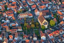 Aerial view of Church Hagenbach and Sparkasse Südpfalz in Ludwigstr in Hagenbach in the state Rhineland-Palatinate, Germany