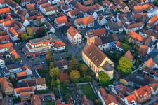 Oblique view of Church Hagenbach and Sparkasse Südpfalz in Ludwigstr in Hagenbach in the state Rhineland-Palatinate, Germany