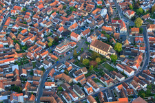 Church Hagenbach and Sparkasse Südpfalz in Ludwigstr in Hagenbach in the state Rhineland-Palatinate, Germany from above
