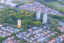 Aerial view of Water tower and two residential high-rise buildings in Dorschbergstr in Wörth am Rhein in the state Rhineland-Palatinate, Germany