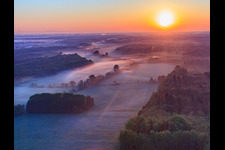 Aerial photograpy of Sunrise over the Otterbach lowlands in the morning mist in Minfeld in the state Rhineland-Palatinate, Germany