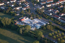 Aerial view of LaOla indoor and outdoor swimming pool in the district Queichheim in Landau in der Pfalz in the state Rhineland-Palatinate, Germany
