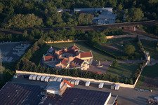 Aerial photograpy of Star-shaped villa with battlements and castle wall in Fichtenstraße in Landau in der Pfalz in the state Rhineland-Palatinate, Germany