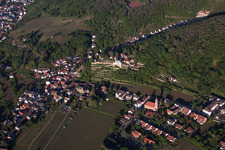 Aerial view of Village - view on the edge of agricultural fields and farmland in Haardt an der Weinstraße in the state Rhineland-Palatinate, Germany