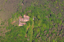 Aerial photograpy of Rietburg Castle Ruins and Rietburg Railway in Rhodt unter Rietburg in the state Rhineland-Palatinate, Germany