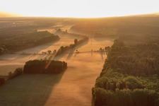 Otterbach lowlands in the morning mist in Kandel in the state Rhineland-Palatinate, Germany from above
