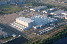 Oberwald industrial area in Wörth am Rhein in the state Rhineland-Palatinate, Germany seen from above