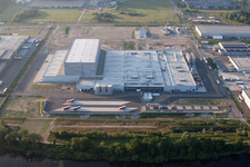 Oberwald industrial area in Wörth am Rhein in the state Rhineland-Palatinate, Germany from a drone