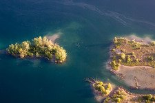 Aerial view of Lake Island on the Baggersee Streitkoepfle in Linkenheim-Hochstetten in the state Baden-Wurttemberg