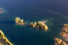 Aerial photograpy of Lake Island on the Baggersee Streitkoepfle in Linkenheim-Hochstetten in the state Baden-Wurttemberg