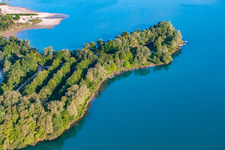 Fishing boats and beach at the Giessen bathing lake in the district Liedolsheim in Dettenheim in the state Baden-Wuerttemberg, Germany