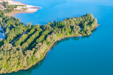 Aerial view of Fishing boats and beach at the Giessen bathing lake in the district Liedolsheim in Dettenheim in the state Baden-Wuerttemberg, Germany