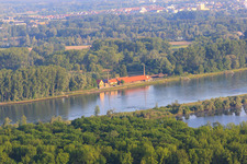 Aerial photograpy of View from the Saalbachaltrhein to the Brickworks Museum on the Rhine dam from the east in Germersheim in the state Rhineland-Palatinate, Germany