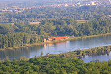 Oblique view of View from the Saalbachaltrhein to the Brickworks Museum on the Rhine dam from the east in Germersheim in the state Rhineland-Palatinate, Germany