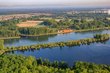 View from the Saalbachaltrhein to the Brickworks Museum on the Rhine dam from the east in Germersheim in the state Rhineland-Palatinate, Germany seen from above
