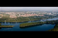 Oblique view of City view on the river bank of the Rhine river in Germersheim in the state Rhineland-Palatinate, Germany