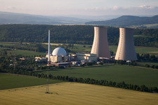 Aerial view of Cooling towers of the nuclear power plant Grohnde in the district Grohnde in Emmerthal in the state Lower Saxony, Germany