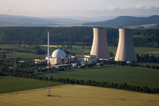 Oblique view of Building remains of the reactor units and facilities of the NPP nuclear power plant Kernkraftwerk Grohnde on Weser in Emmerthal in the state Lower Saxony, Germany