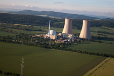 Aerial photograpy of Cooling towers of the nuclear power plant Grohnde in the district Grohnde in Emmerthal in the state Lower Saxony, Germany