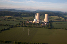 Oblique view of Cooling towers of the nuclear power plant Grohnde in the district Grohnde in Emmerthal in the state Lower Saxony, Germany